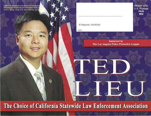 Click here to display a larger image of the front side of Ted Lieu's campaign mailer with 36 government employee union endorsements and 38 counterfeit badges which are actually union logos.